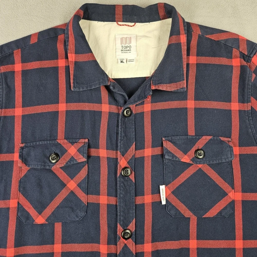 Topo Designs Flannel Shirt Men's XL Plaid Field Button Up Long Sleeve Blue Red